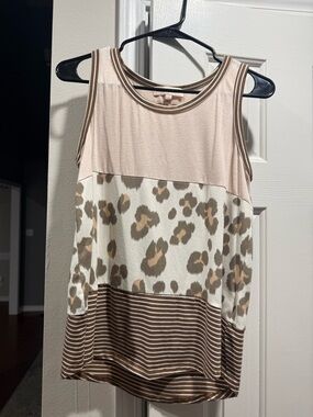 Boutique Colorblock Leopard & Stripe Sleeveless Tank - Blush/Cream/Brown - Small